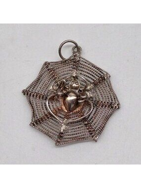 Sterling Spider & Web Pendant Silver Halloween Theme Vintage 1960s